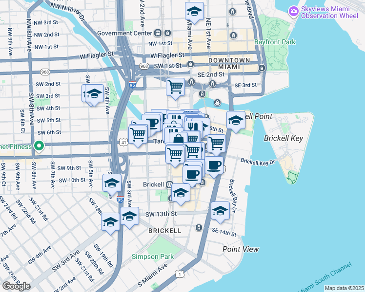 map of restaurants, bars, coffee shops, grocery stores, and more near 88 Southwest 7th Street in Miami