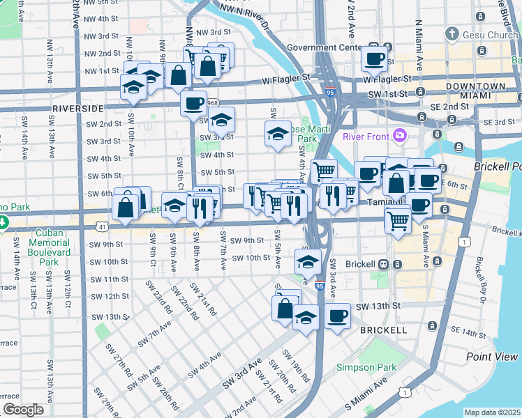 map of restaurants, bars, coffee shops, grocery stores, and more near 550 U.S. 41 in Miami