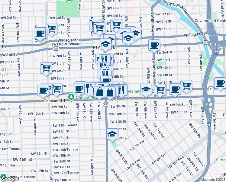 map of restaurants, bars, coffee shops, grocery stores, and more near in Miami
