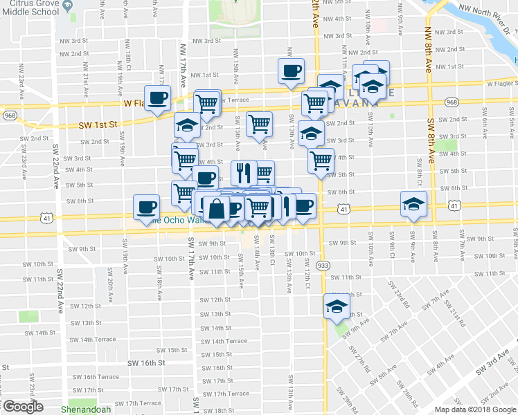 map of restaurants, bars, coffee shops, grocery stores, and more near 1437 Southwest 7th Street in Miami