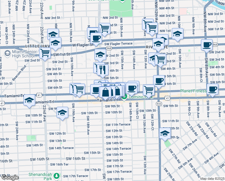 map of restaurants, bars, coffee shops, grocery stores, and more near 628 Southwest 16th Avenue in Miami