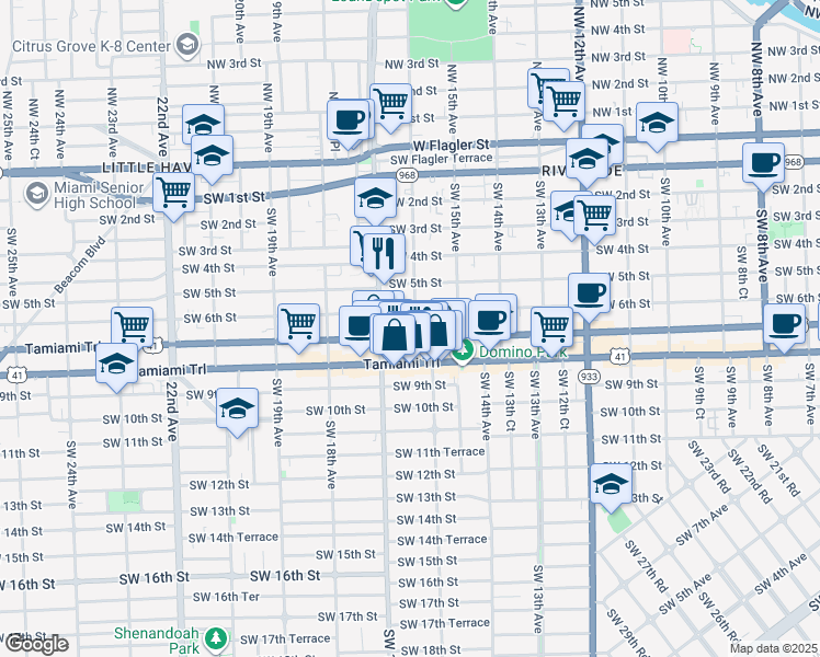 map of restaurants, bars, coffee shops, grocery stores, and more near 628 Southwest 16th Avenue in Miami