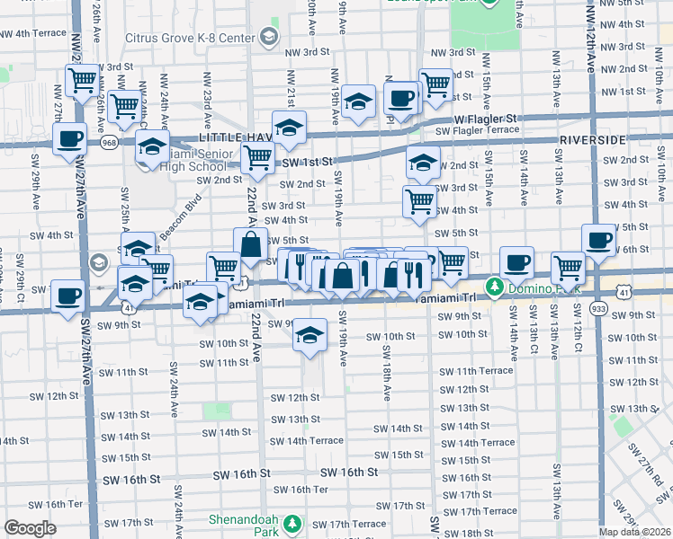 map of restaurants, bars, coffee shops, grocery stores, and more near 1938 Southwest 6th Street in Miami