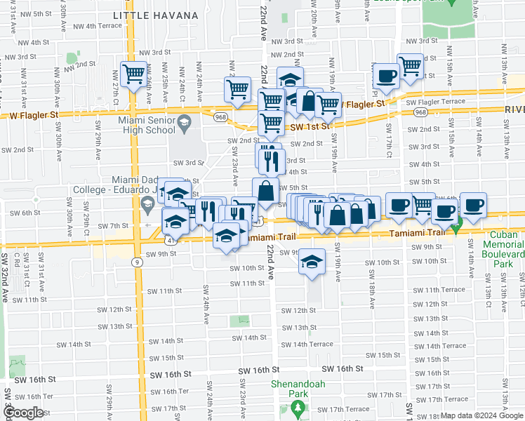 map of restaurants, bars, coffee shops, grocery stores, and more near 2144 Southwest 6th Street in Miami