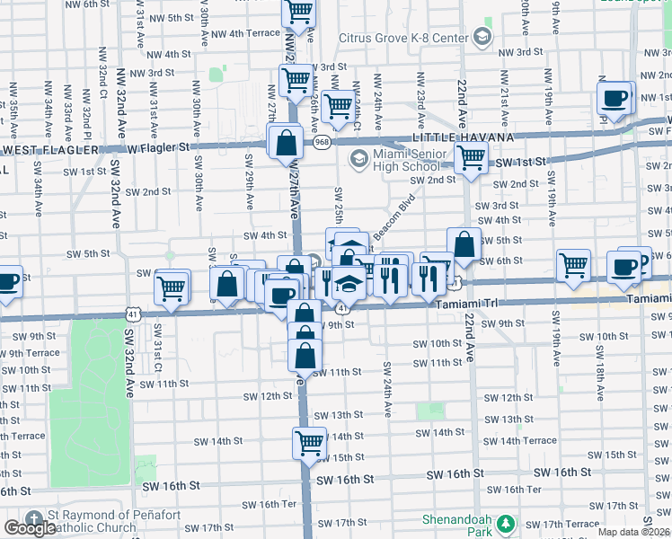 map of restaurants, bars, coffee shops, grocery stores, and more near 2491 Southwest 6th Street in Miami