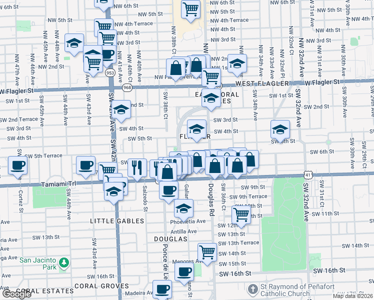 map of restaurants, bars, coffee shops, grocery stores, and more near 513 Ponce de Leon Boulevard in Coral Gables