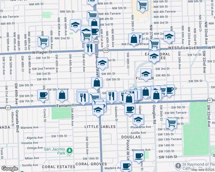 map of restaurants, bars, coffee shops, grocery stores, and more near 530 Southwest 40th Court in Coral Gables