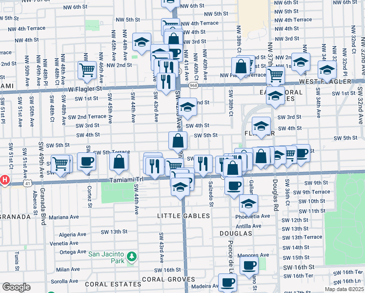 map of restaurants, bars, coffee shops, grocery stores, and more near 530 Southwest 42nd Avenue in Coral Gables