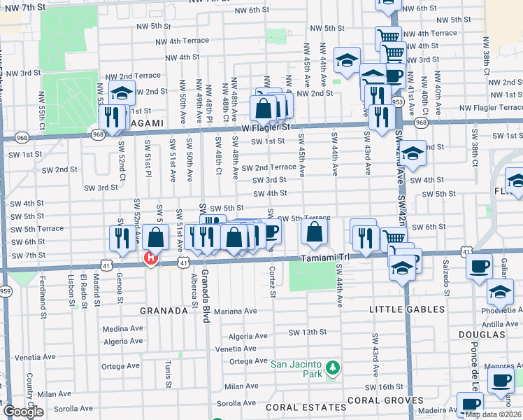 map of restaurants, bars, coffee shops, grocery stores, and more near 4740 Southwest 5th Street in Coral Gables