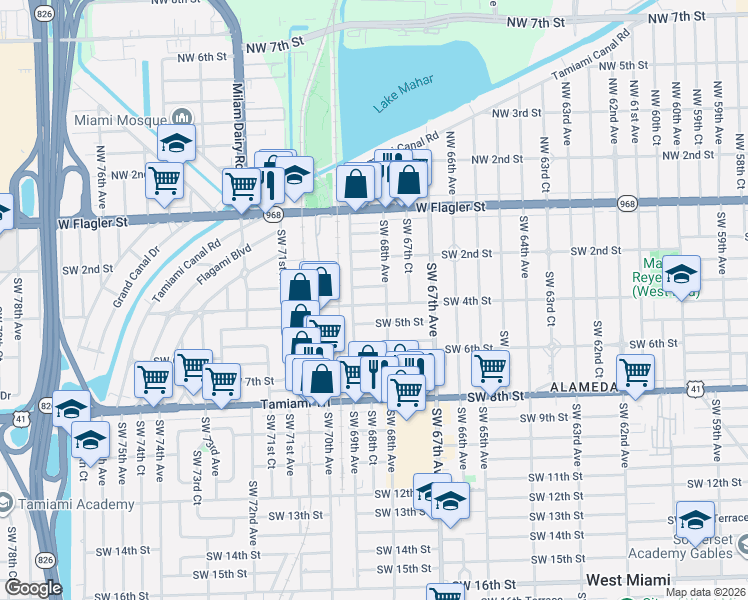 map of restaurants, bars, coffee shops, grocery stores, and more near 6841 Southwest 4th Street in Miami