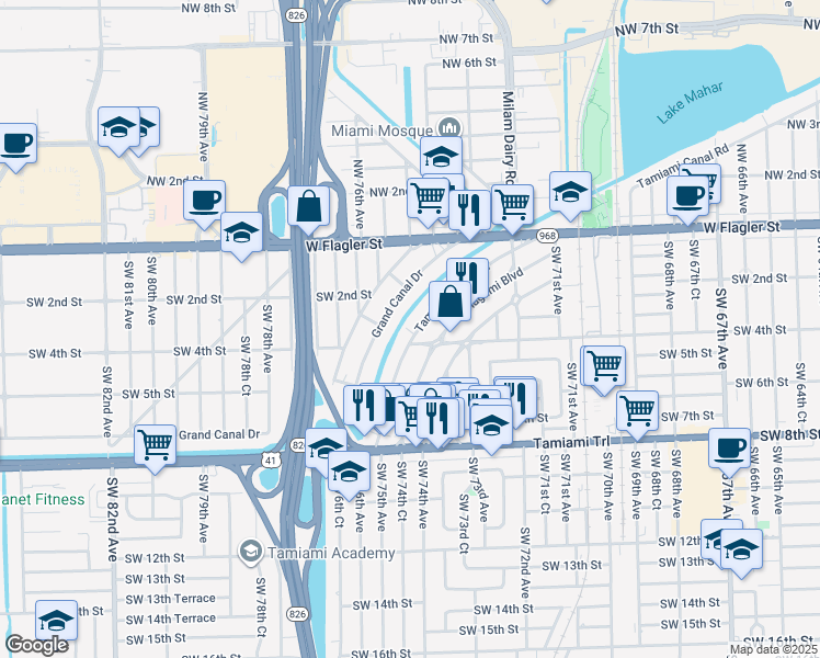 map of restaurants, bars, coffee shops, grocery stores, and more near 382 Tamiami Canal Road in Miami