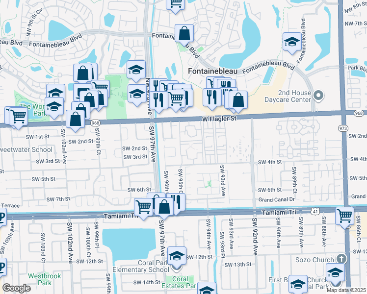 map of restaurants, bars, coffee shops, grocery stores, and more near 9584 Southwest 1st Terrace in Miami