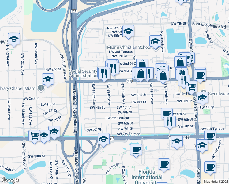 map of restaurants, bars, coffee shops, grocery stores, and more near 125 Southwest 114th Avenue in Miami