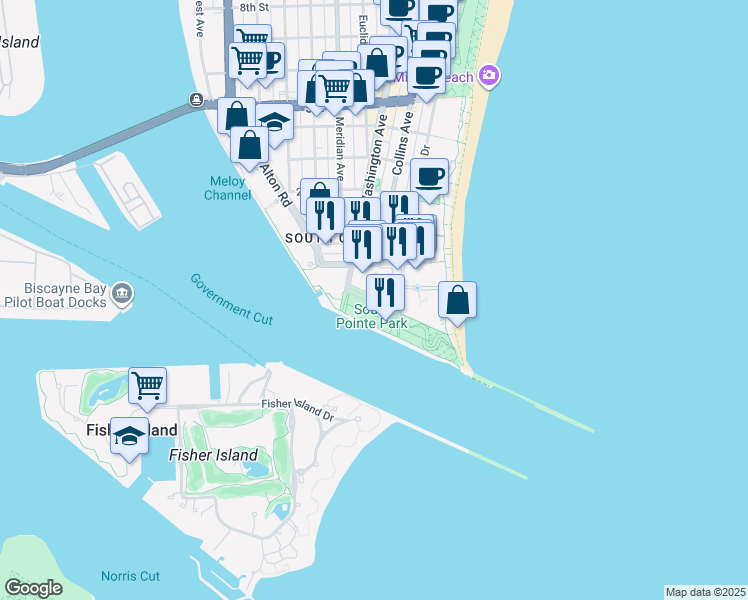 map of restaurants, bars, coffee shops, grocery stores, and more near 3 Washington Avenue in Miami Beach