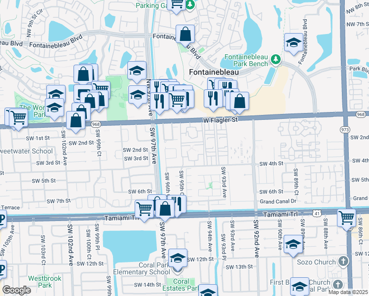 map of restaurants, bars, coffee shops, grocery stores, and more near 9584 Southwest 1st Terrace in Miami