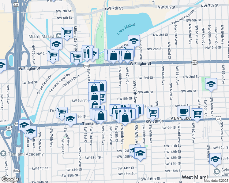 map of restaurants, bars, coffee shops, grocery stores, and more near 6841 Southwest 4th Street in Miami