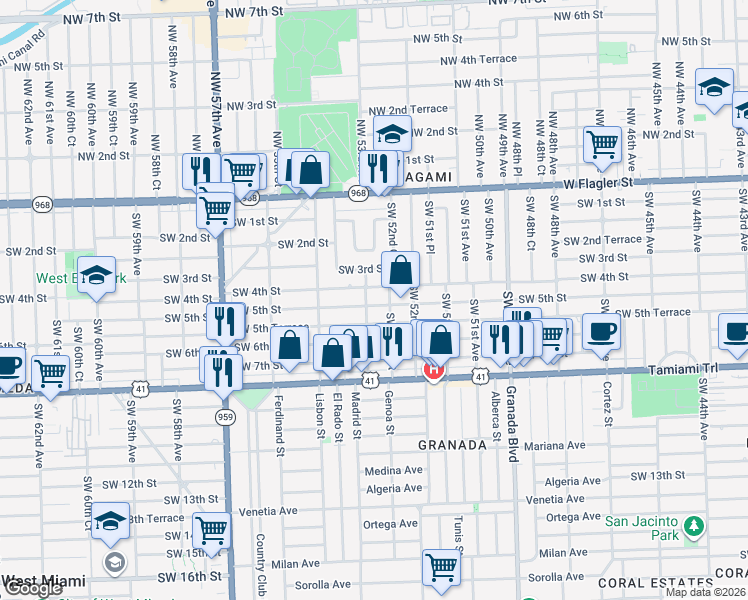 map of restaurants, bars, coffee shops, grocery stores, and more near 5281 Southwest 5th Street in Coral Gables