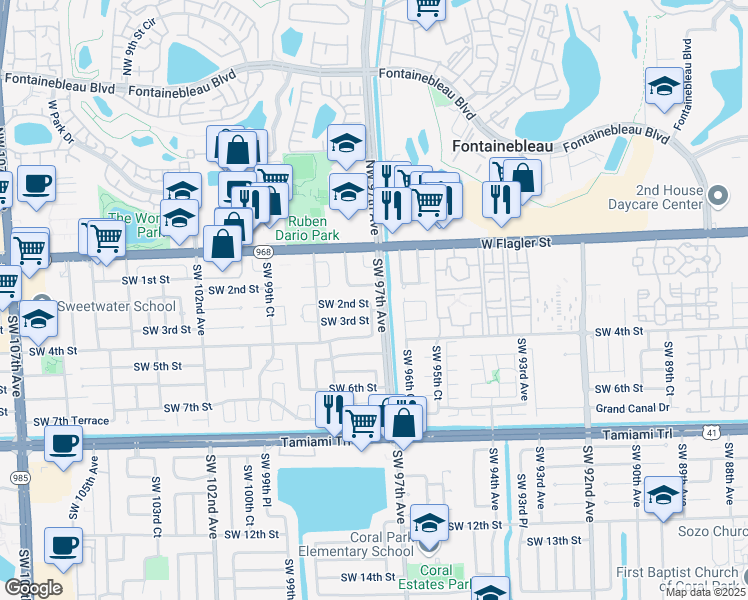 map of restaurants, bars, coffee shops, grocery stores, and more near 9713 Southwest 2nd Street in Miami