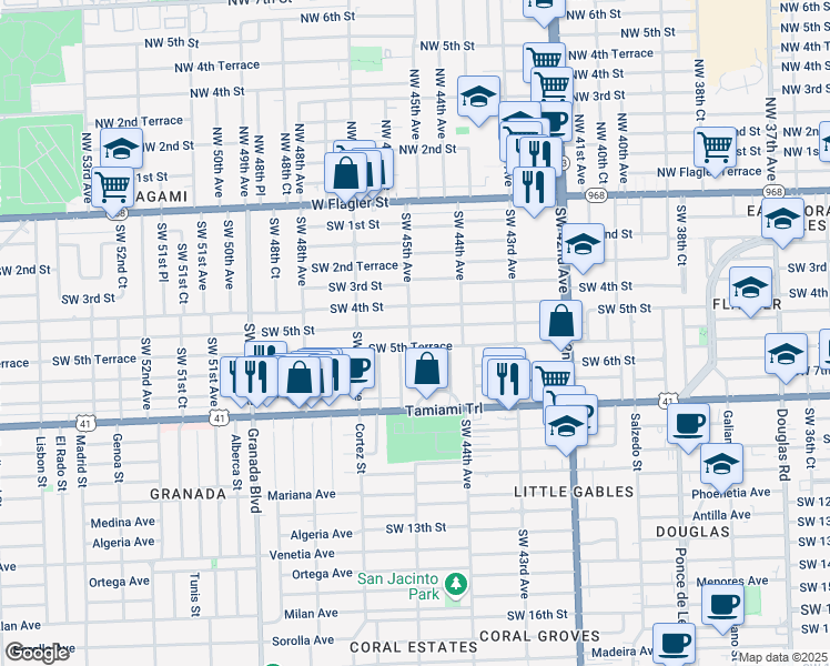 map of restaurants, bars, coffee shops, grocery stores, and more near 4490 Southwest 5th Street in Miami