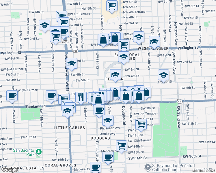 map of restaurants, bars, coffee shops, grocery stores, and more near 513 Ponce de Leon Boulevard in Coral Gables