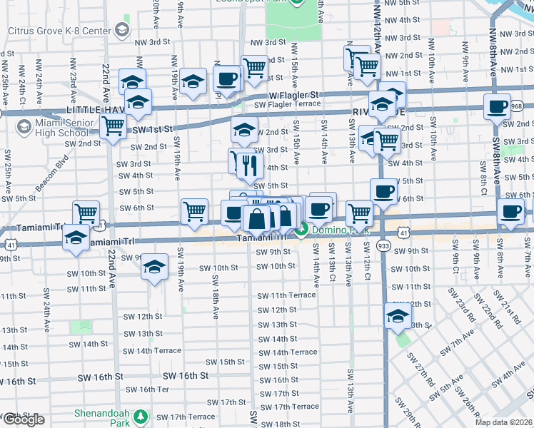 map of restaurants, bars, coffee shops, grocery stores, and more near 628 Southwest 16th Avenue in Miami
