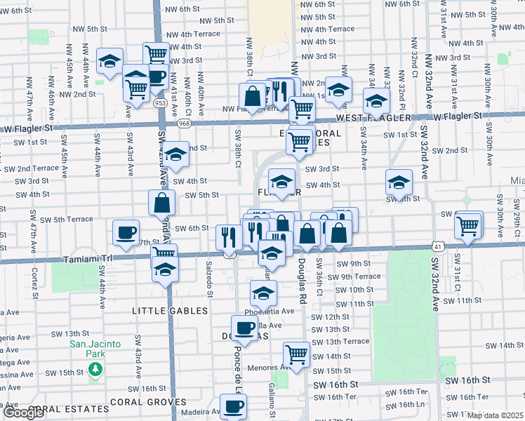 map of restaurants, bars, coffee shops, grocery stores, and more near 513 Ponce de Leon in Coral Gables
