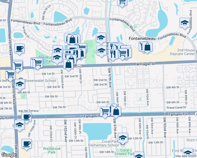map of restaurants, bars, coffee shops, grocery stores, and more near 9823 Southwest 2nd Street in Miami