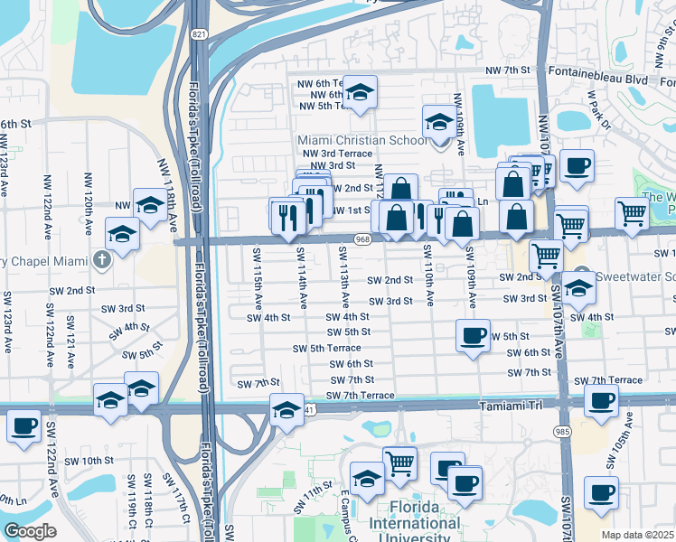 map of restaurants, bars, coffee shops, grocery stores, and more near 132 Southwest 113th Avenue in Miami