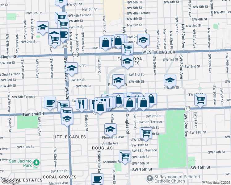 map of restaurants, bars, coffee shops, grocery stores, and more near 513 Ponce de Leon Boulevard in Coral Gables