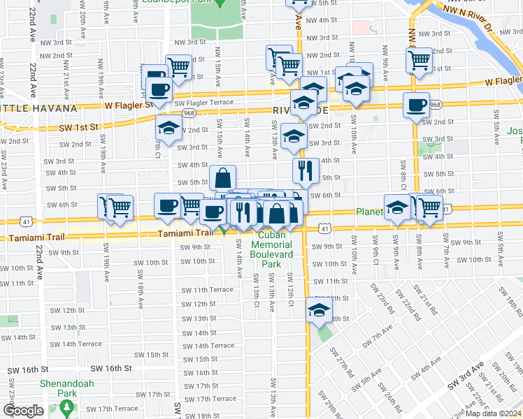 map of restaurants, bars, coffee shops, grocery stores, and more near 1345 Southwest 7th Street in Miami