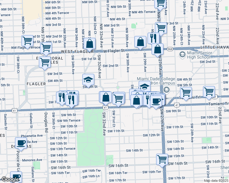 map of restaurants, bars, coffee shops, grocery stores, and more near 3115 Southwest 6th Street in Miami