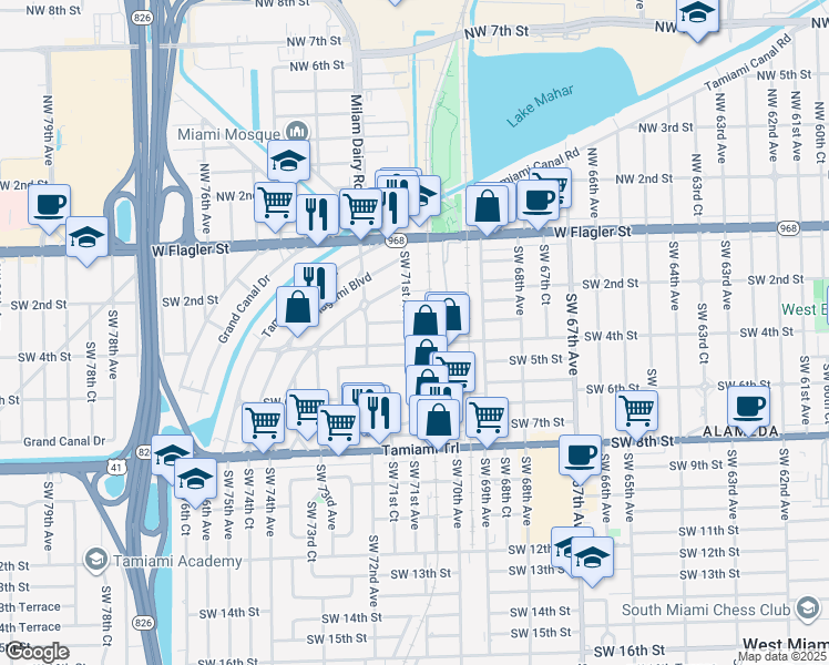 map of restaurants, bars, coffee shops, grocery stores, and more near 321 Southwest 71st Avenue in Miami