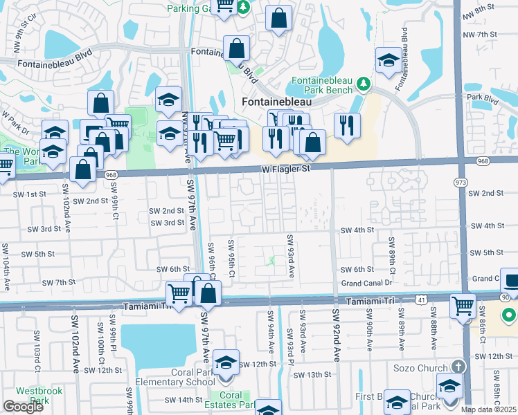map of restaurants, bars, coffee shops, grocery stores, and more near 9401 Southwest 4th Street in Miami
