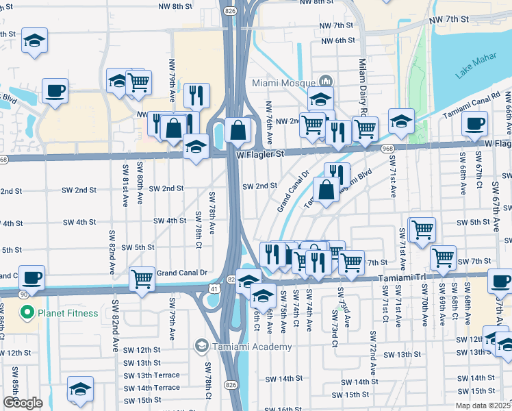 map of restaurants, bars, coffee shops, grocery stores, and more near 312 Southwest 76th Court in Miami