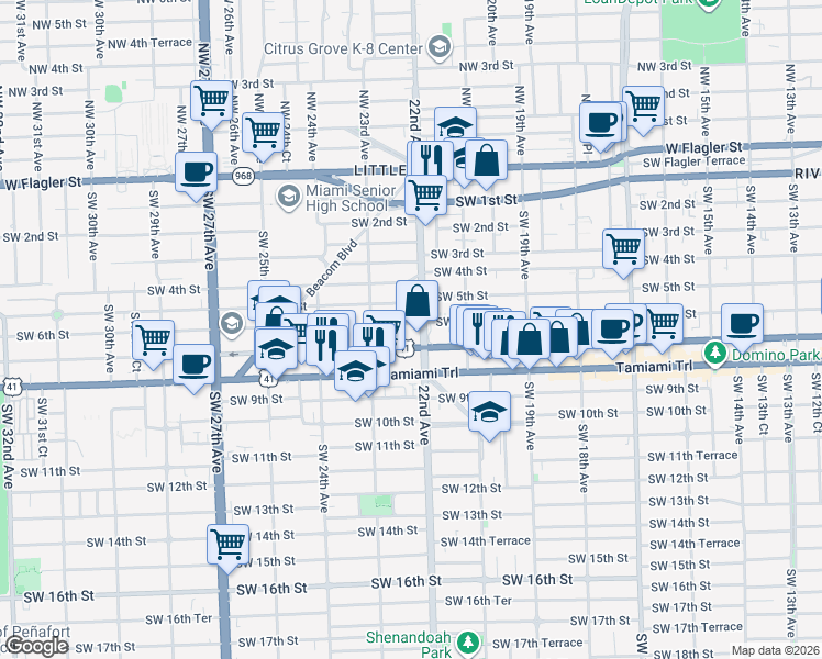 map of restaurants, bars, coffee shops, grocery stores, and more near 2224 Southwest 6th Street in Miami