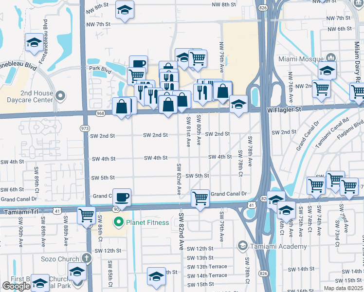 map of restaurants, bars, coffee shops, grocery stores, and more near 255 SW 82nd Ave in Miami