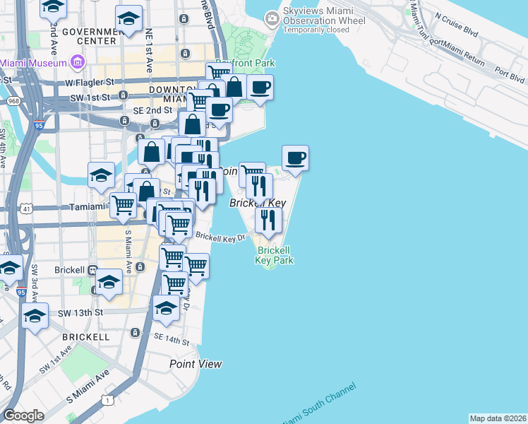 map of restaurants, bars, coffee shops, grocery stores, and more near 601 Brickell Key Drive in Miami