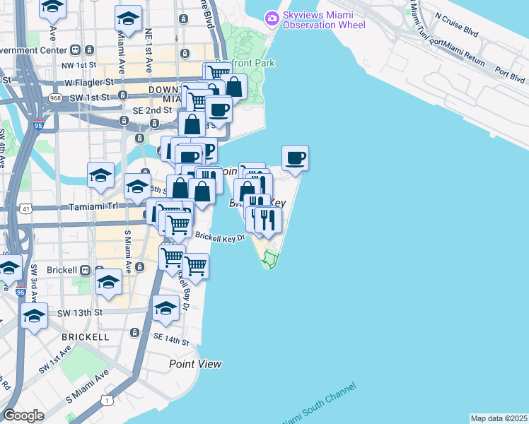 map of restaurants, bars, coffee shops, grocery stores, and more near 601 Brickell Key Drive in Miami