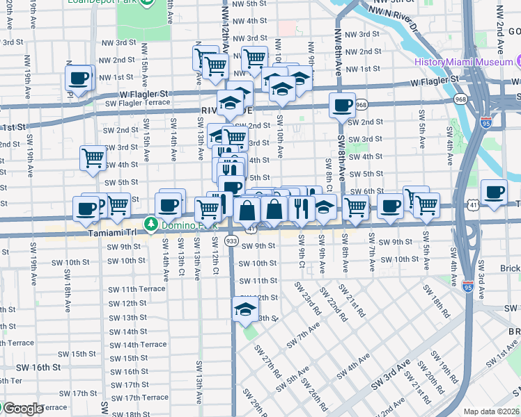 map of restaurants, bars, coffee shops, grocery stores, and more near 1057 Southwest 7th Street in Miami