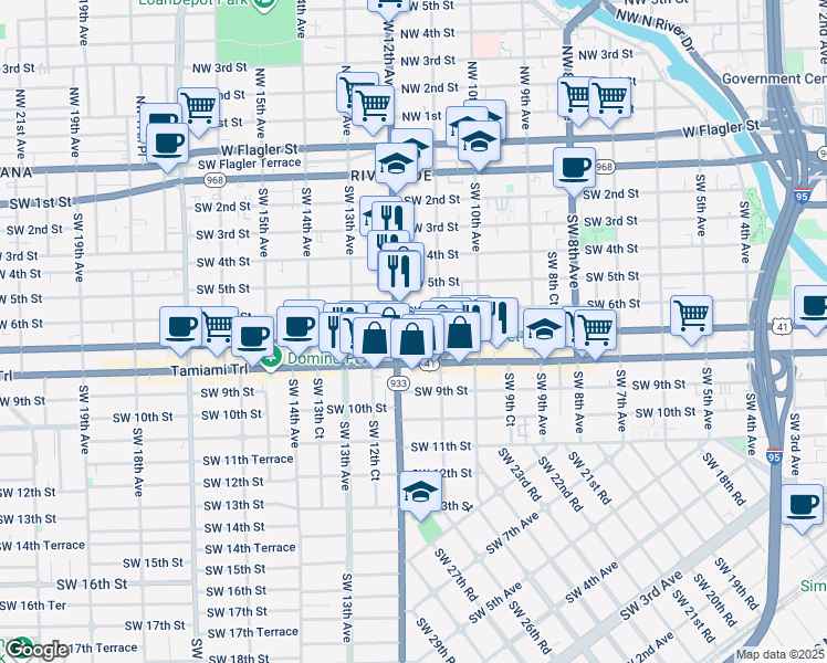 map of restaurants, bars, coffee shops, grocery stores, and more near in Miami