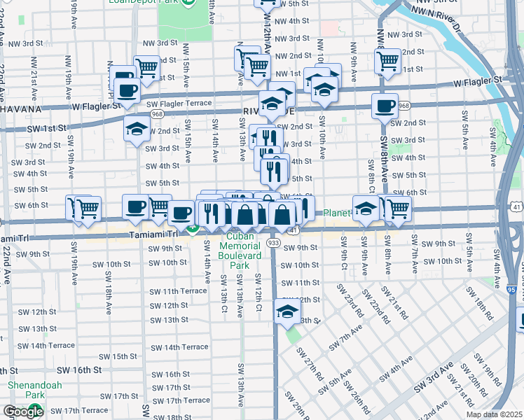 map of restaurants, bars, coffee shops, grocery stores, and more near 1251 Southwest 7th Street in Miami