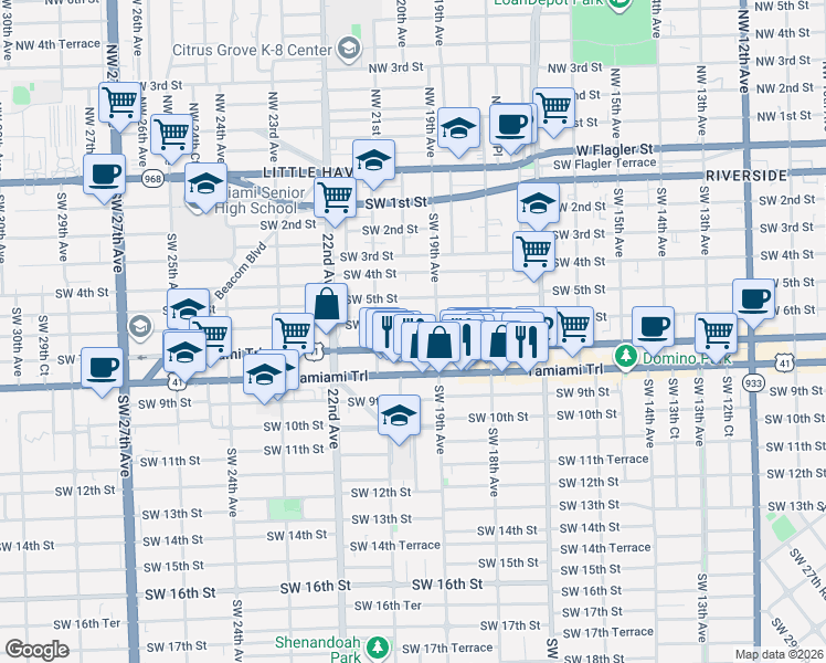 map of restaurants, bars, coffee shops, grocery stores, and more near 1938 Southwest 6th Street in Miami