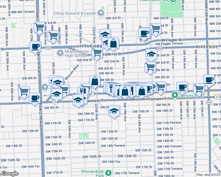 map of restaurants, bars, coffee shops, grocery stores, and more near 611 Southwest 21st Avenue in Miami