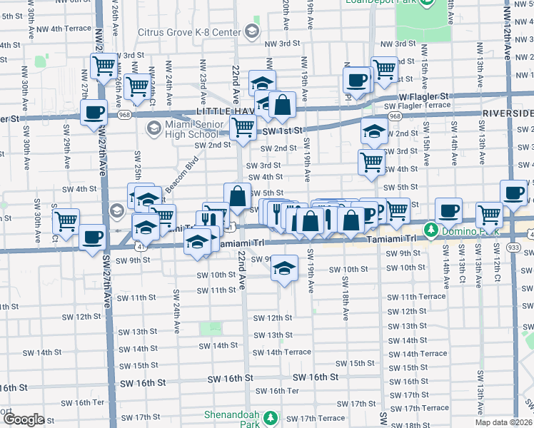 map of restaurants, bars, coffee shops, grocery stores, and more near 611 Southwest 21st Avenue in Miami