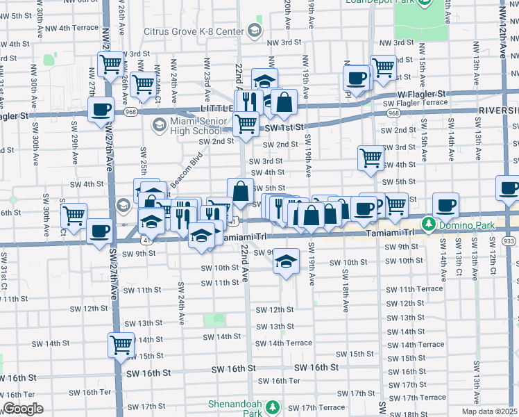 map of restaurants, bars, coffee shops, grocery stores, and more near 2144 Southwest 6th Street in Miami
