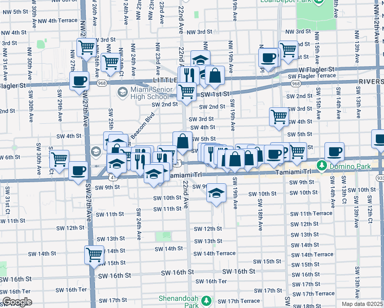 map of restaurants, bars, coffee shops, grocery stores, and more near 2144 Southwest 6th Street in Miami