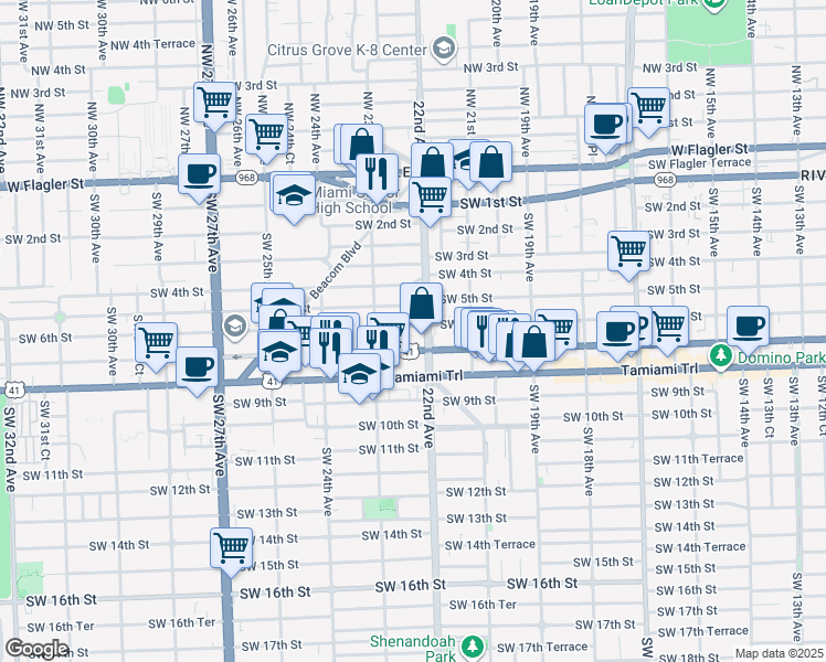 map of restaurants, bars, coffee shops, grocery stores, and more near 2264 Southwest 6th Street in Miami