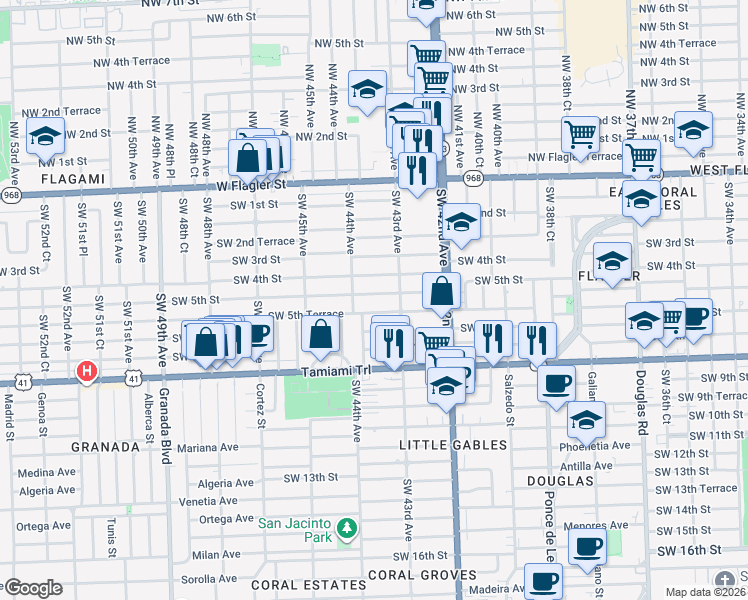 map of restaurants, bars, coffee shops, grocery stores, and more near 4350 Southwest 5th Street in Coral Gables