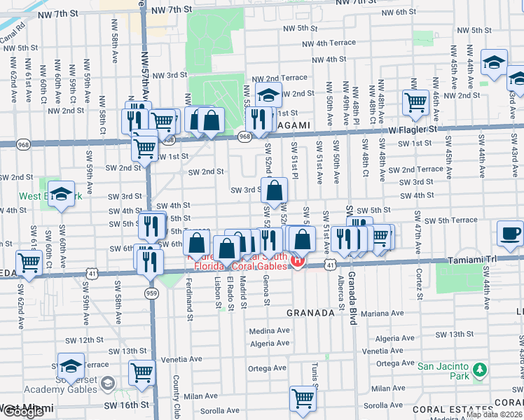 map of restaurants, bars, coffee shops, grocery stores, and more near 5281 Southwest 5th Street in Coral Gables
