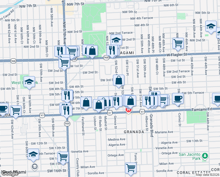map of restaurants, bars, coffee shops, grocery stores, and more near 5281 Southwest 5th Street in Coral Gables